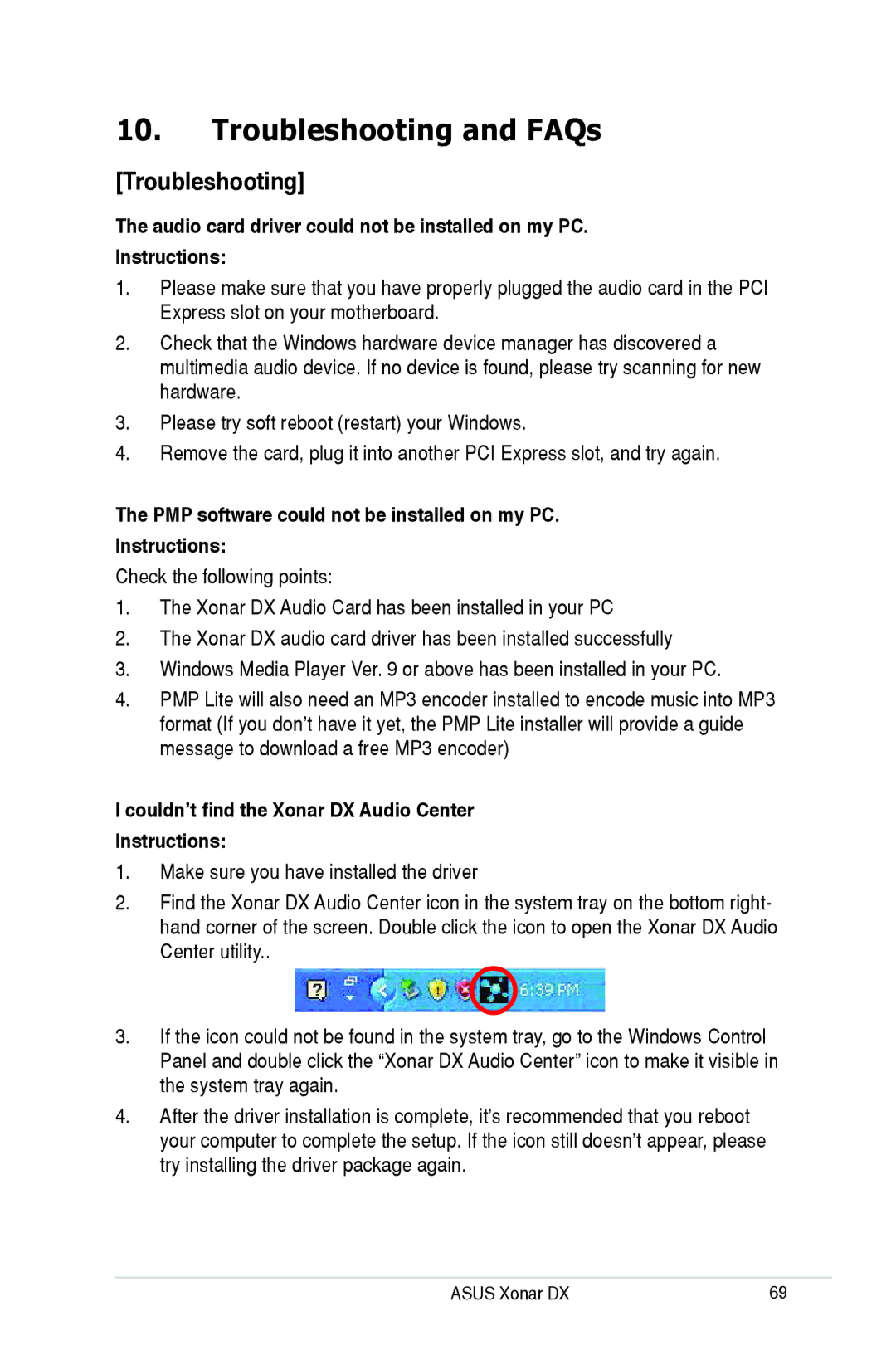 Asus Xonar DX, XONARH6 user manual Troubleshooting and FAQs, PMP software could not be installed on my PC Instructions 