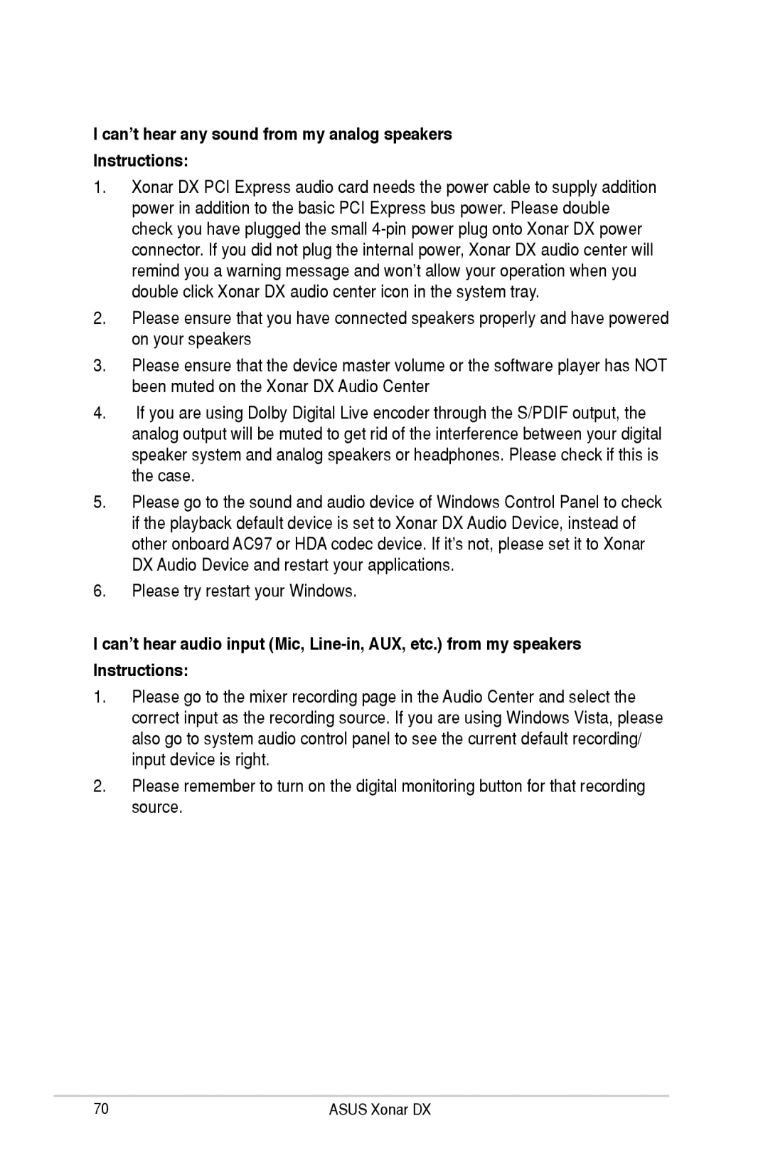 Asus XONARH6, Xonar DX user manual Can’t hear any sound from my analog speakers Instructions 