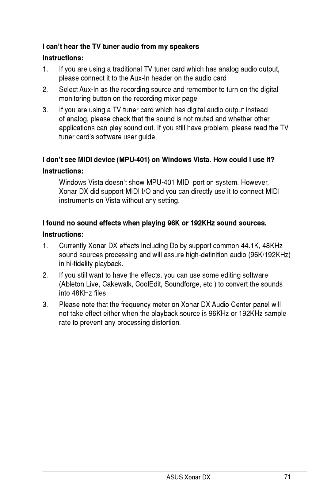 Asus Xonar DX, XONARH6 user manual Can’t hear the TV tuner audio from my speakers Instructions 