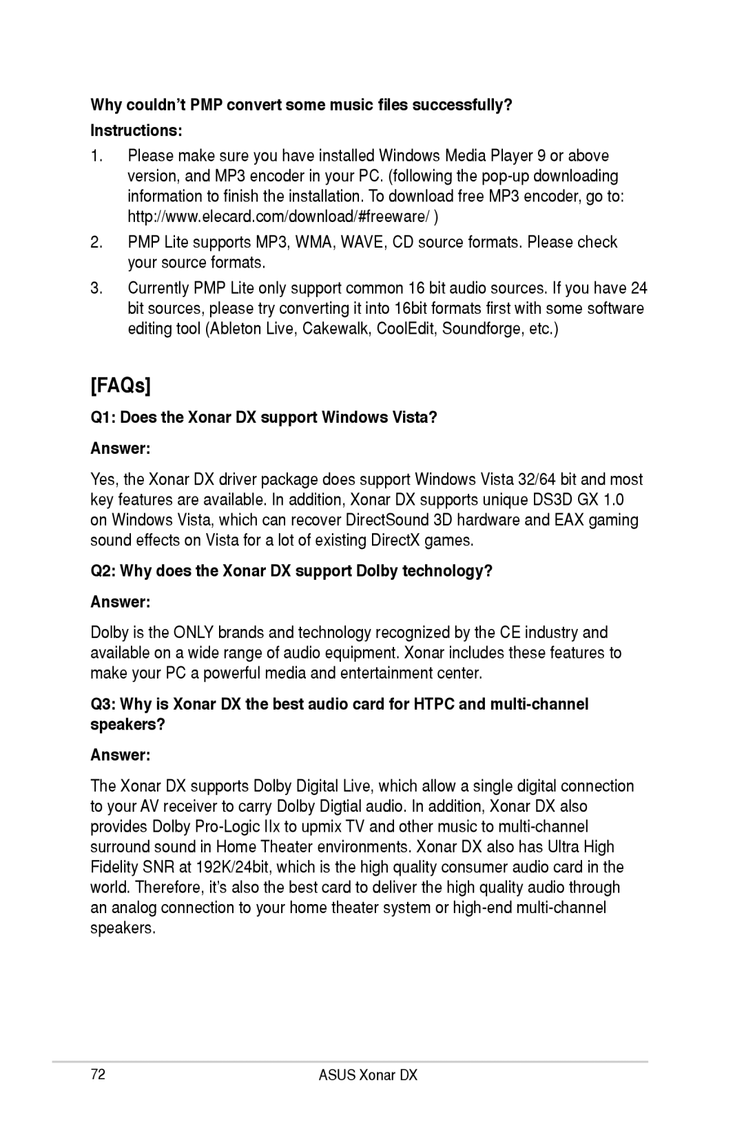 Asus XONARH6 user manual FAQs, Q1 Does the Xonar DX support Windows Vista? Answer 