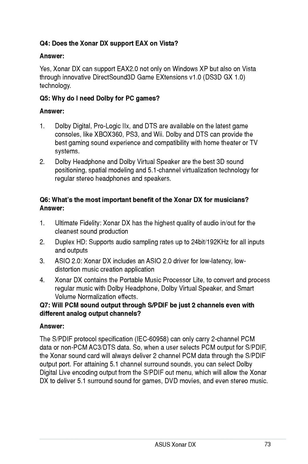 Asus XONARH6 user manual Q4 Does the Xonar DX support EAX on Vista? Answer, Q5 Why do I need Dolby for PC games? Answer 