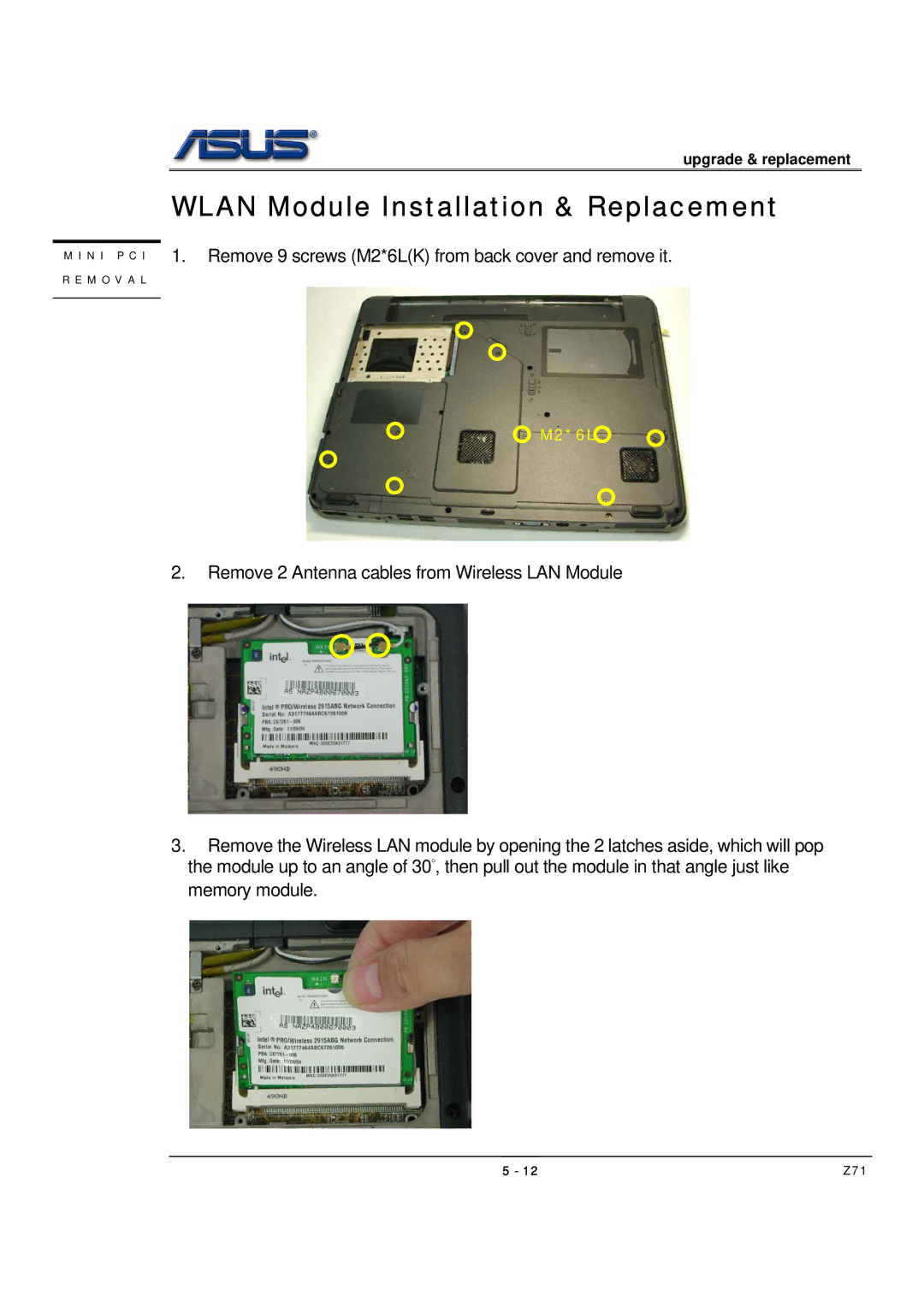 Asus Z71 manual Wlan Module Installation & Replacement 