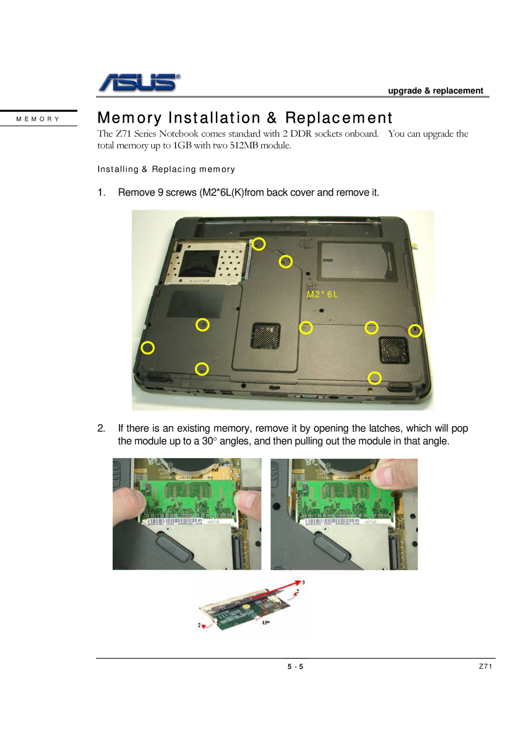 Asus Z71 manual Memory Installation & Replacement, Total memory up to 1GB with two 512MB module 