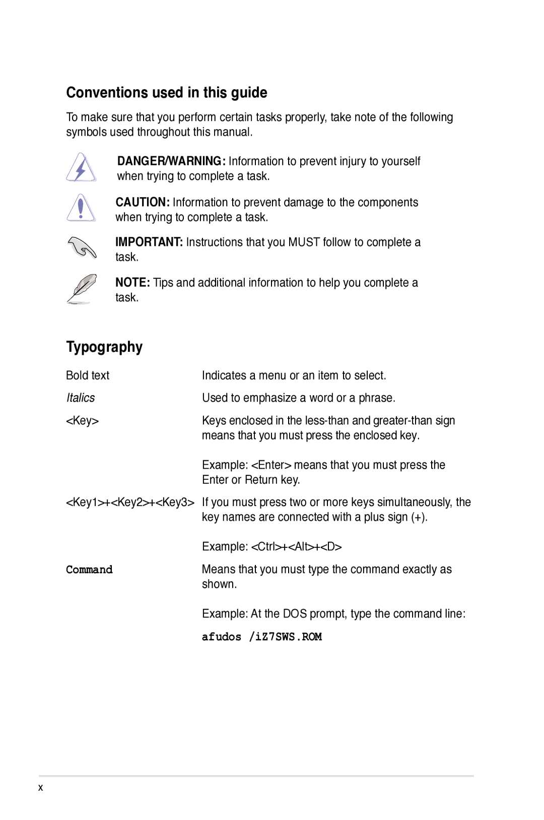 Asus Z7S WS manual Conventions used in this guide, Typography, Italics 