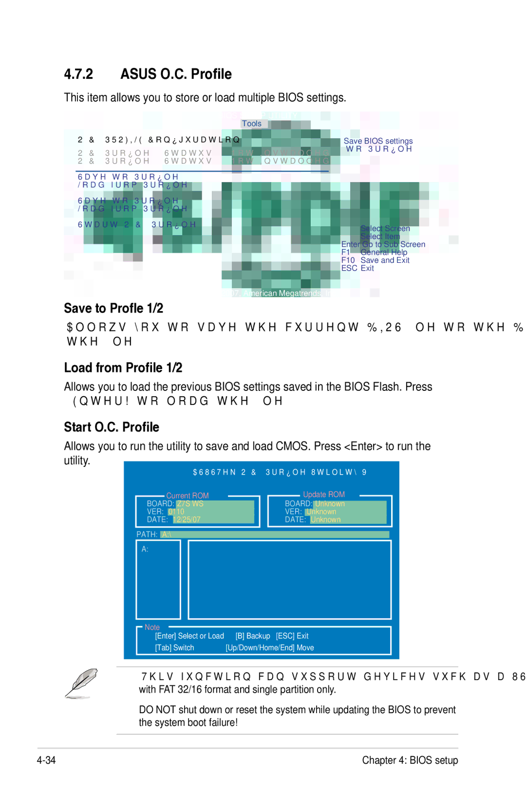 Asus Z7S WS manual Asus O.C. Profile, Save to Profle 1/2, Load from Profile 1/2, Start O.C. Profile 