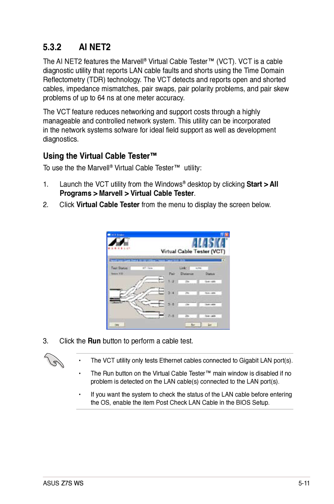 Asus Z7S WS manual AI NET2, Using the Virtual Cable Tester 