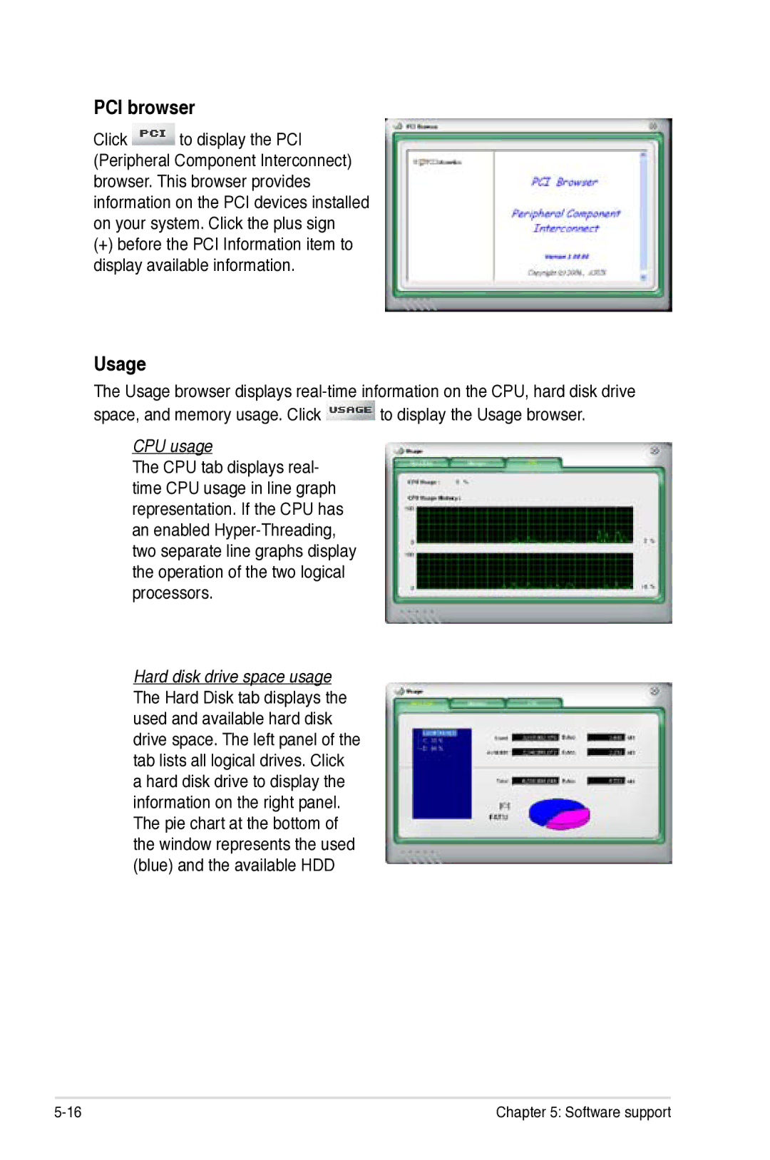 Asus Z7S WS manual PCI browser, Usage, CPU usage 