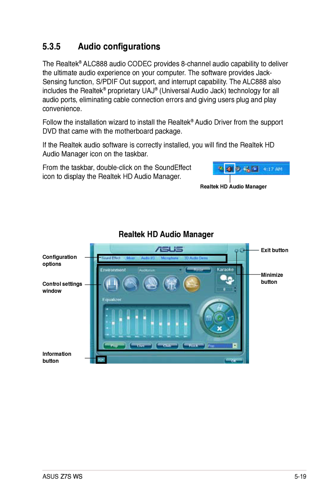 Asus Z7S WS manual Audio configurations, Realtek HD Audio Manager 