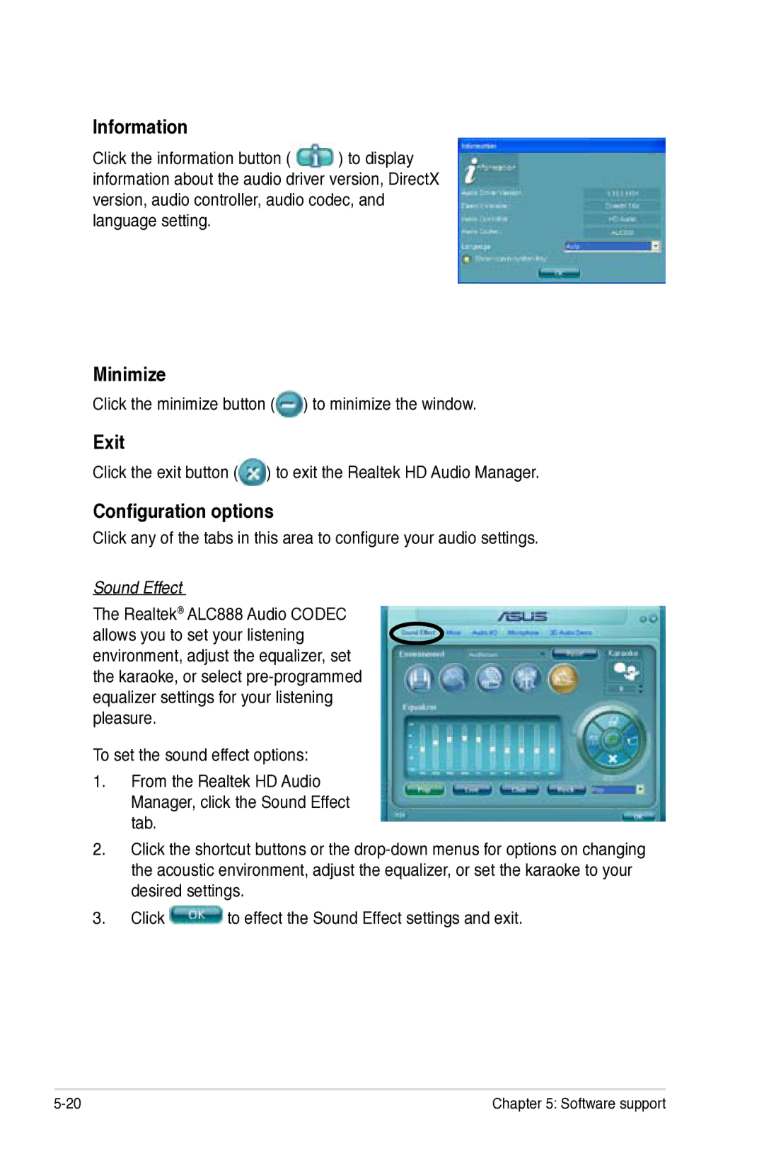 Asus Z7S WS manual Information, Minimize, Exit, Configuration options, Sound Effect 