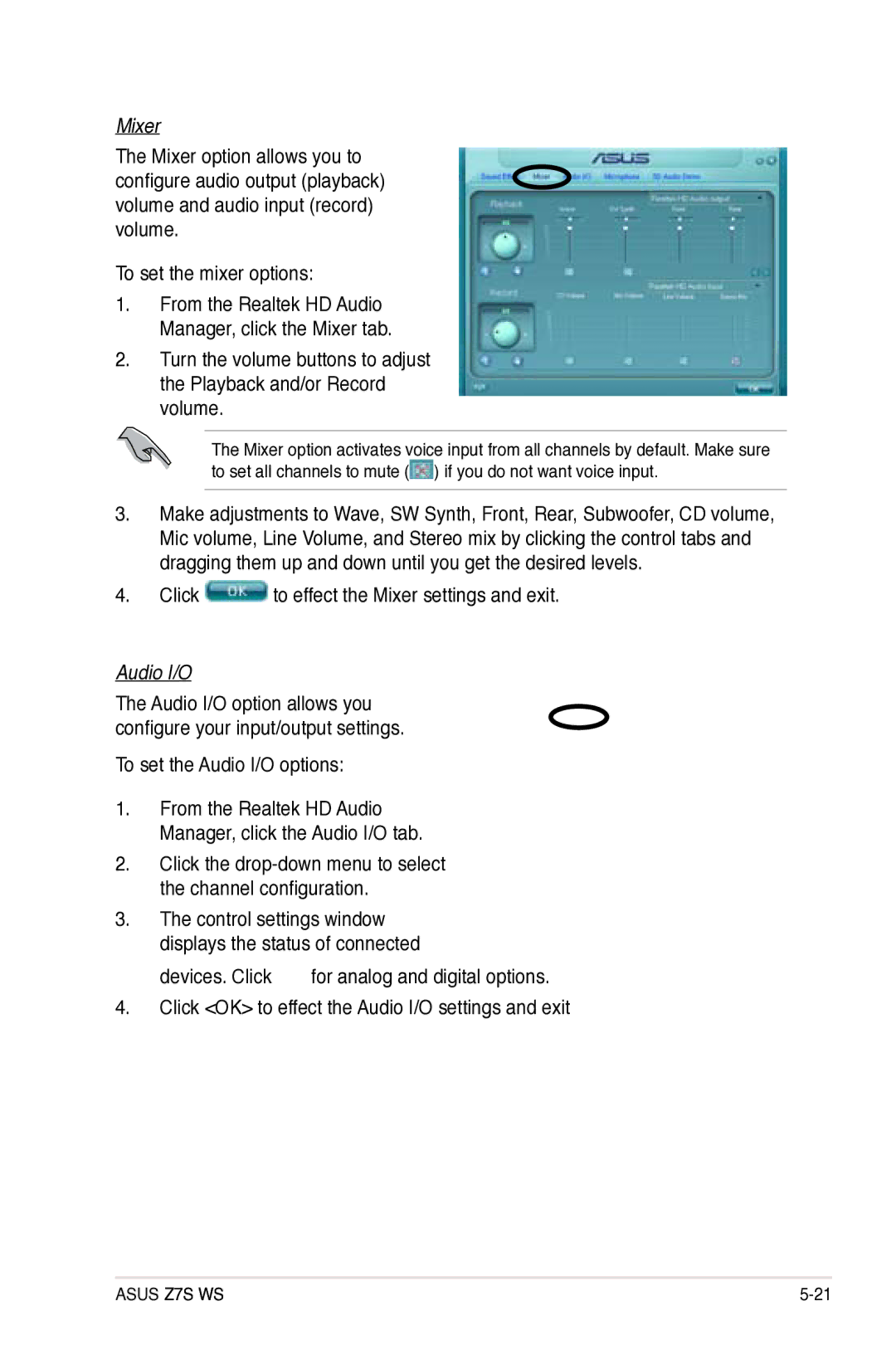 Asus Z7S WS manual Click to effect the Mixer settings and exit, To set the Audio I/O options 