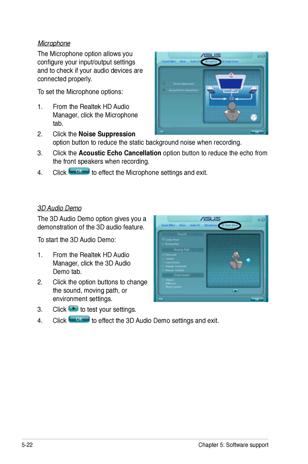 Asus Z7S WS manual Microphone, Click the Noise Suppression, 3D Audio Demo 