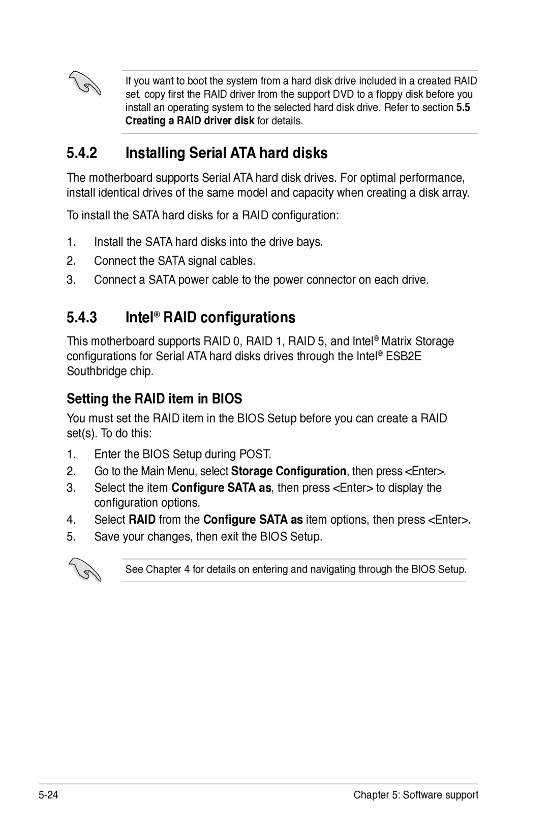 Asus Z7S WS manual Installing Serial ATA hard disks, Intel RAID configurations, Setting the RAID item in Bios 