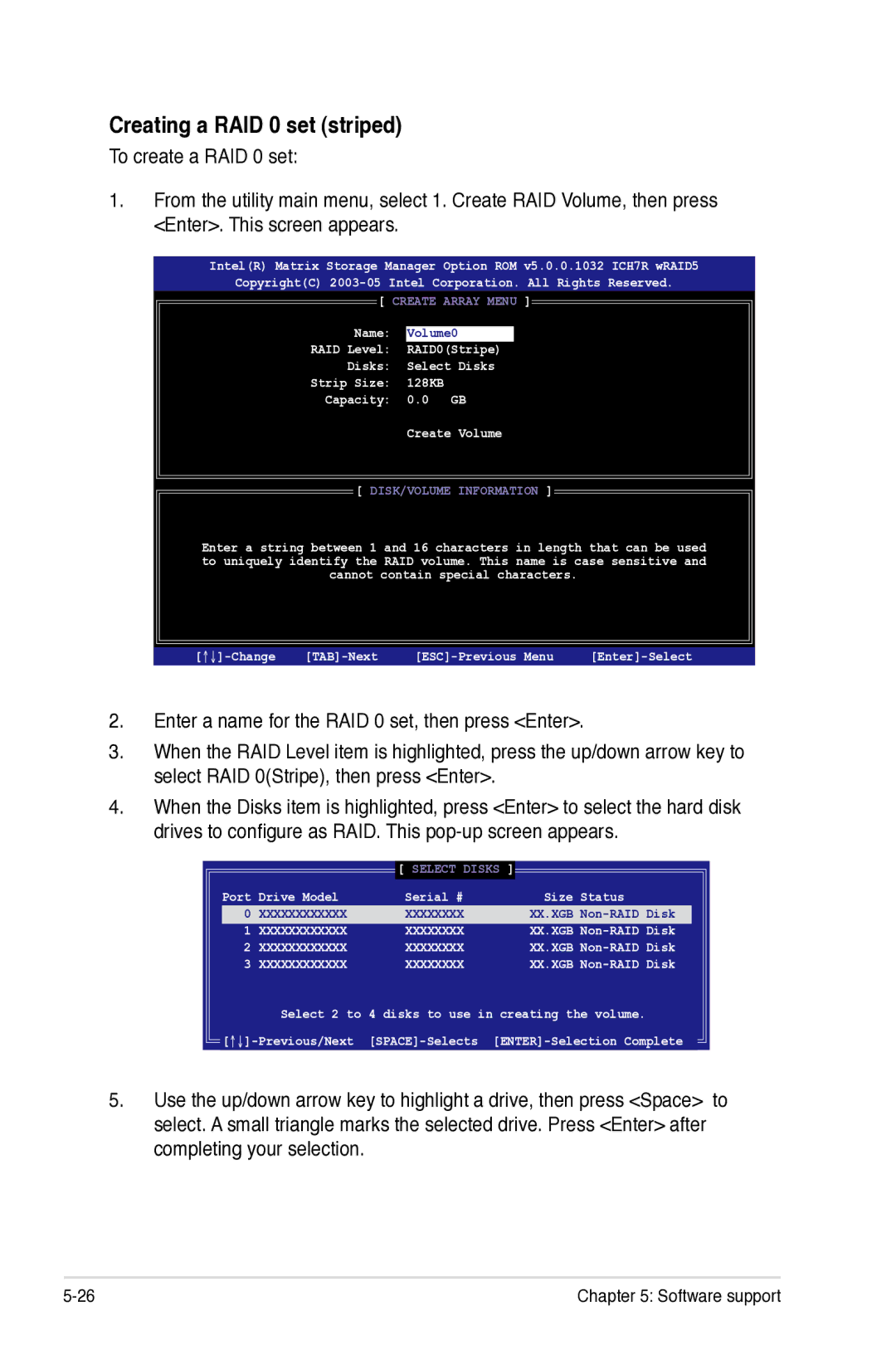 Asus Z7S WS manual Creating a RAID 0 set striped, Create Array Menu 