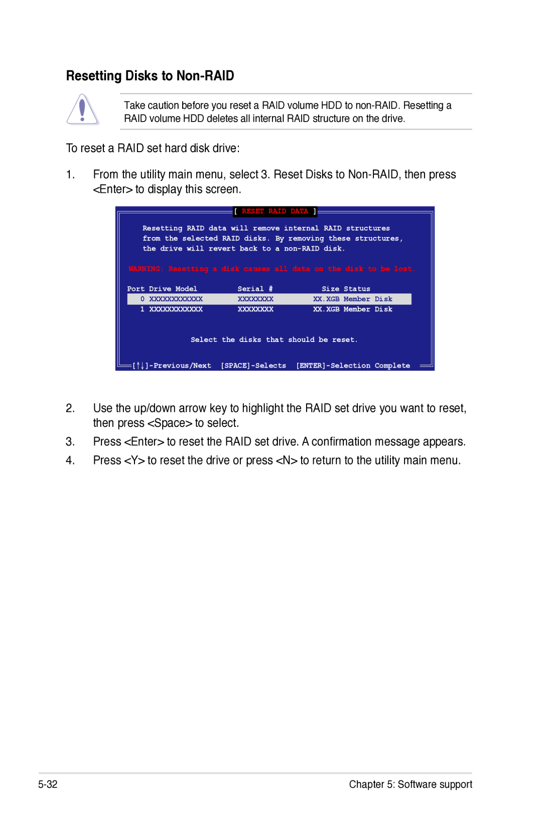 Asus Z7S WS manual Resetting Disks to Non-RAID, Reset RAID Data 