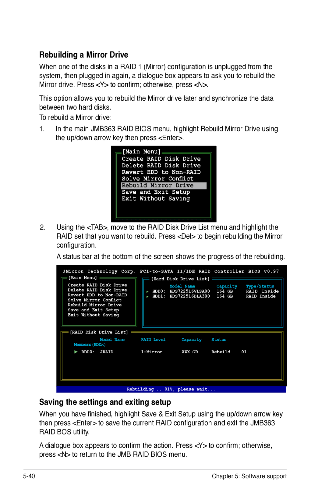 Asus Z7S WS manual Rebuilding a Mirror Drive, Saving the settings and exiting setup 