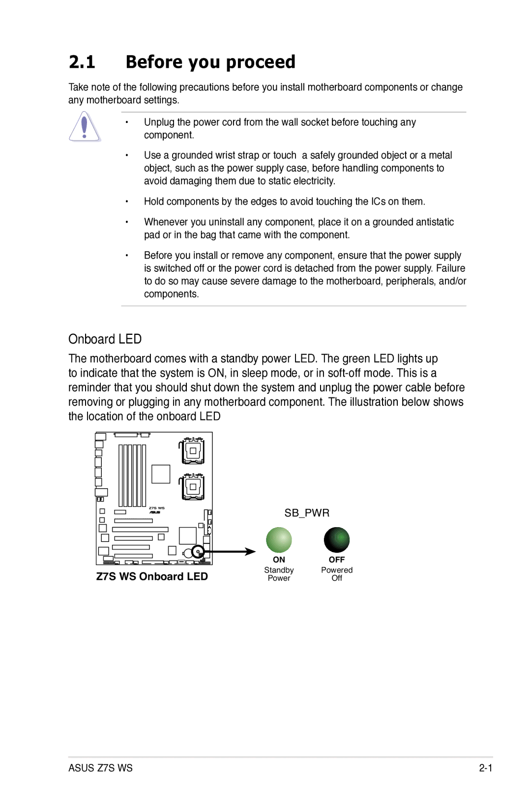 Asus Z7S WS manual Before you proceed, Onboard LED 