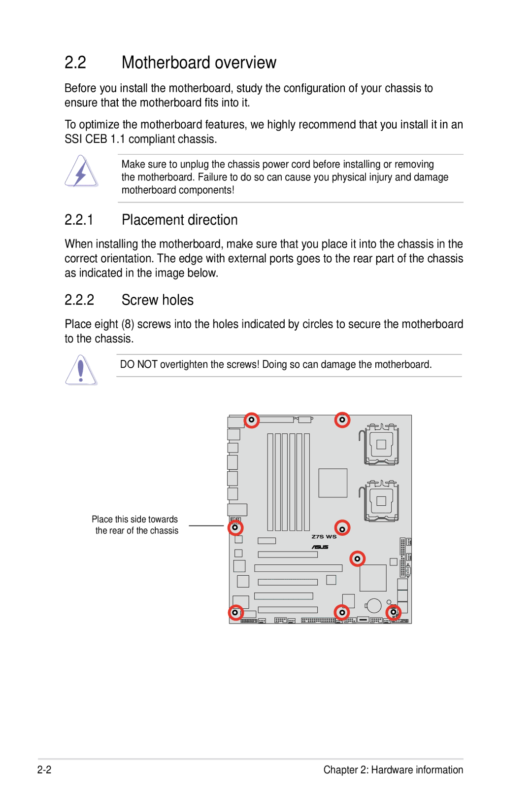 Asus Z7S WS manual Motherboard overview, Placement direction, Screw holes 