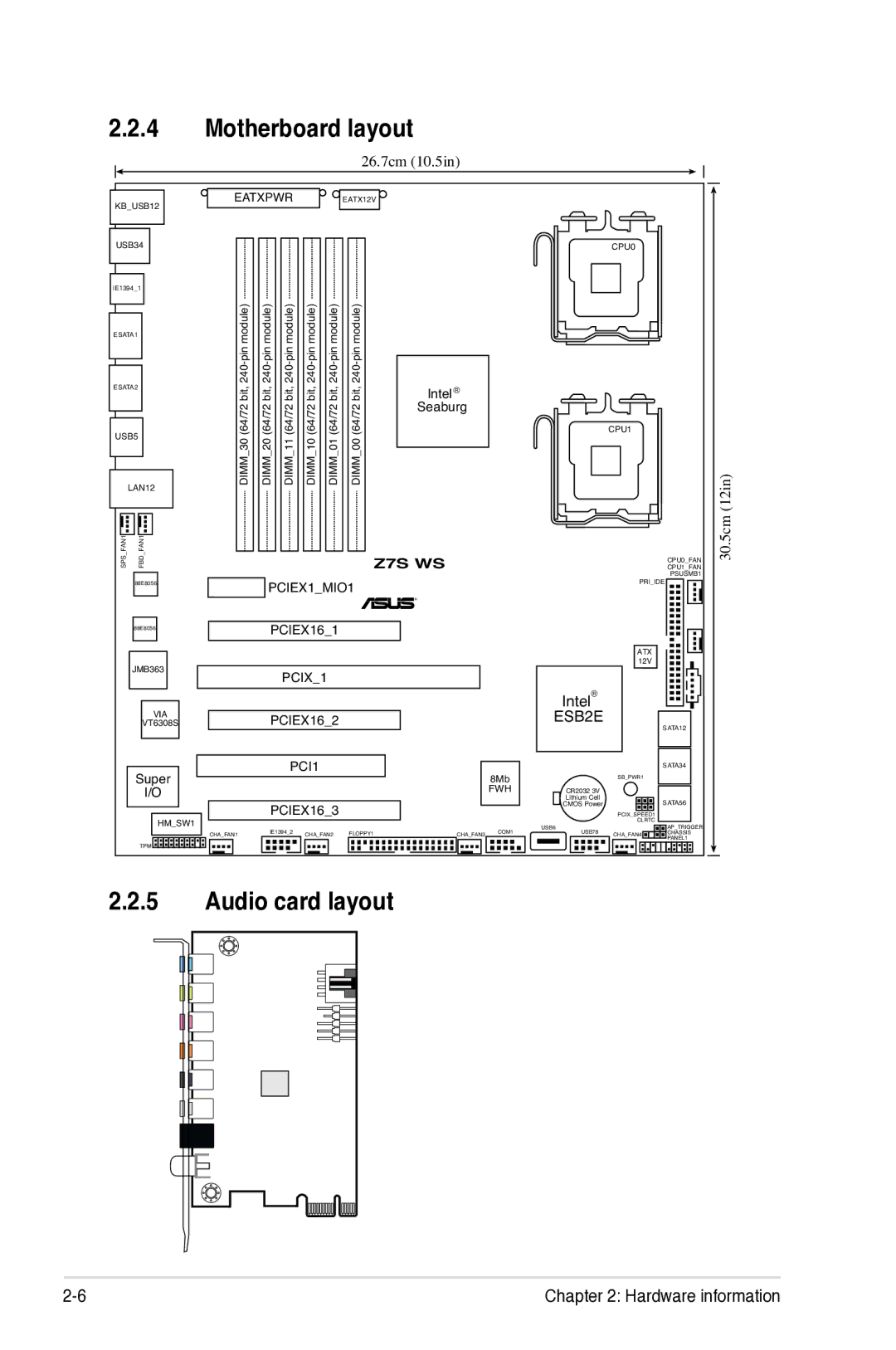 Asus Z7S WS manual Motherboard layout, Audio card layout 