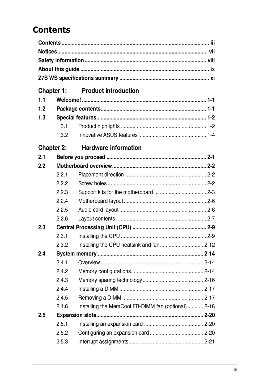 Asus Z7S WS manual Contents 