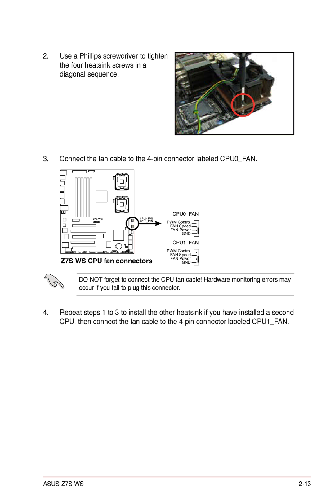 Asus manual Z7S WS CPU fan connectors 