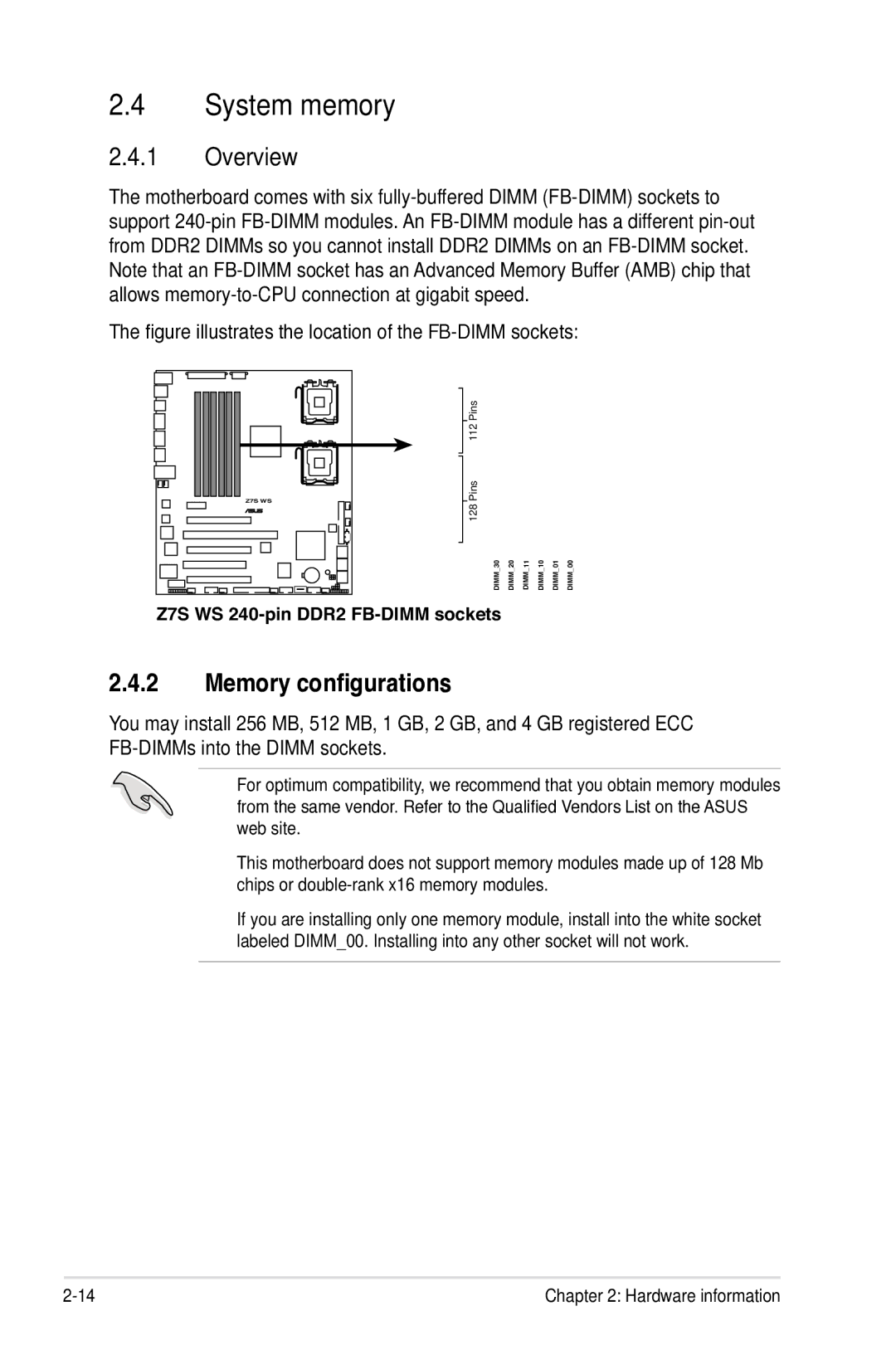 Asus Z7S WS manual System memory, Overview, Memory configurations 