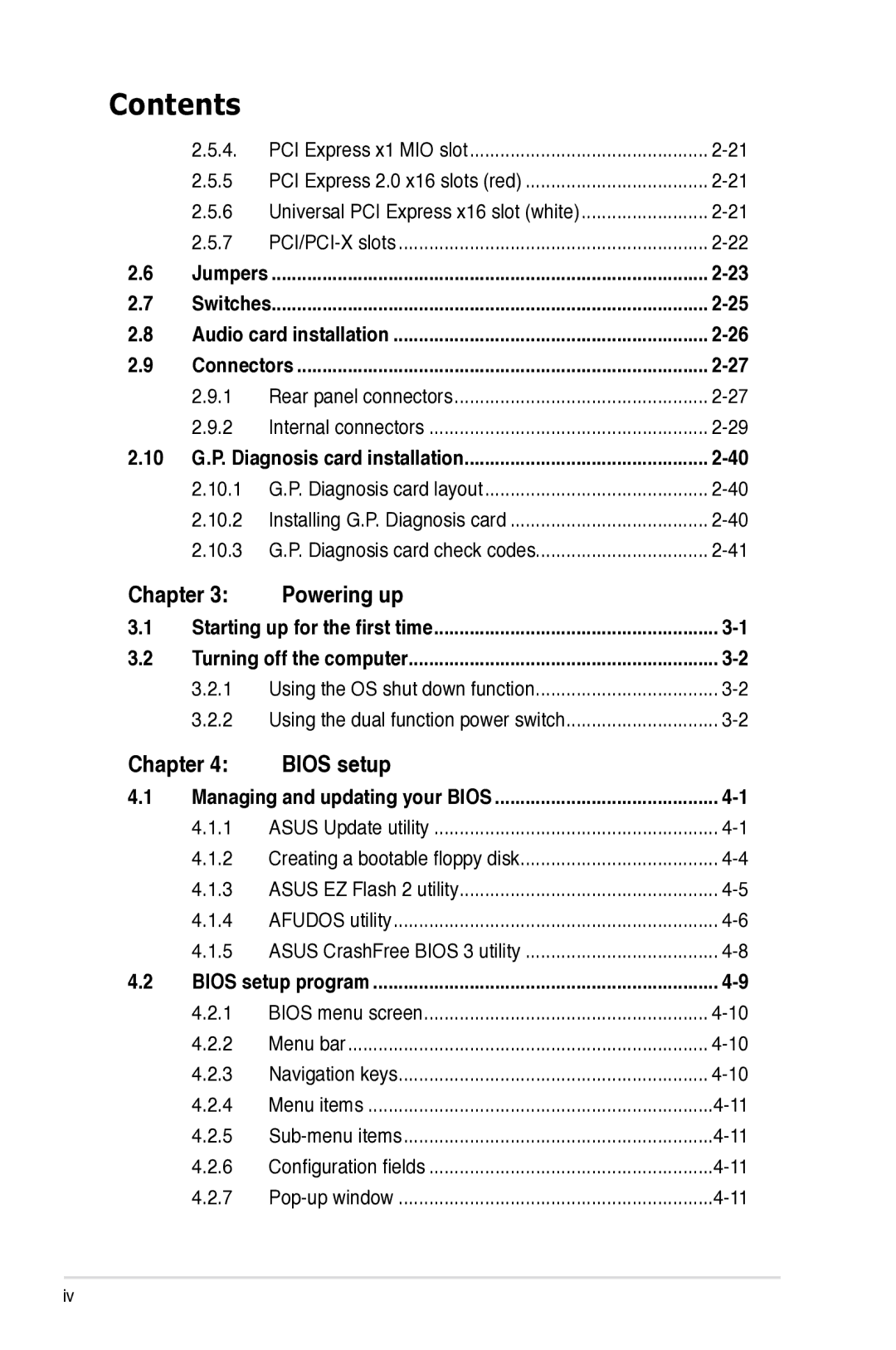 Asus Z7S WS manual Chapter Powering up, Chapter Bios setup, Switches Audio card installation Connectors 