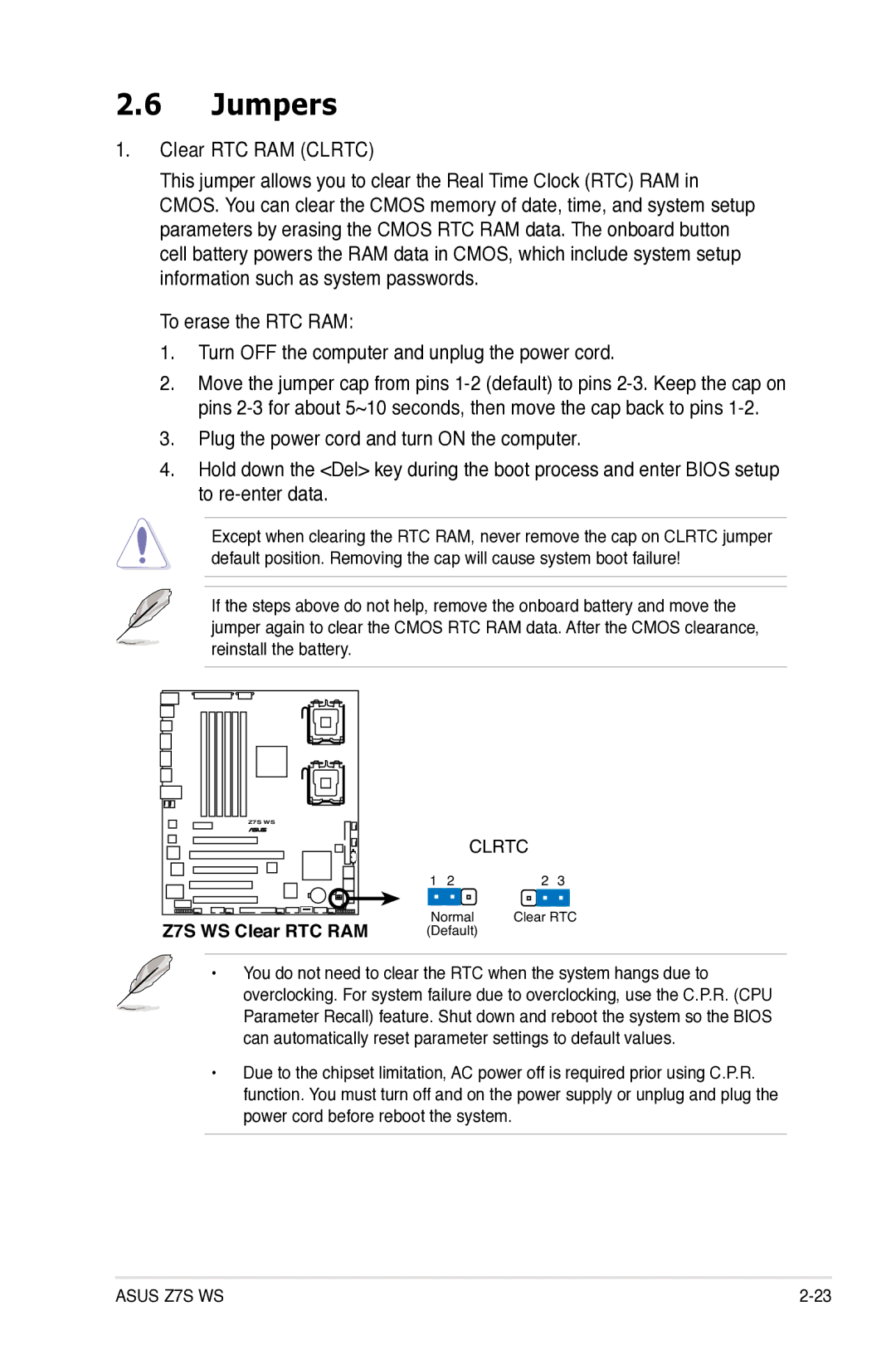 Asus Z7S WS manual Jumpers, Clear RTC RAM Clrtc 