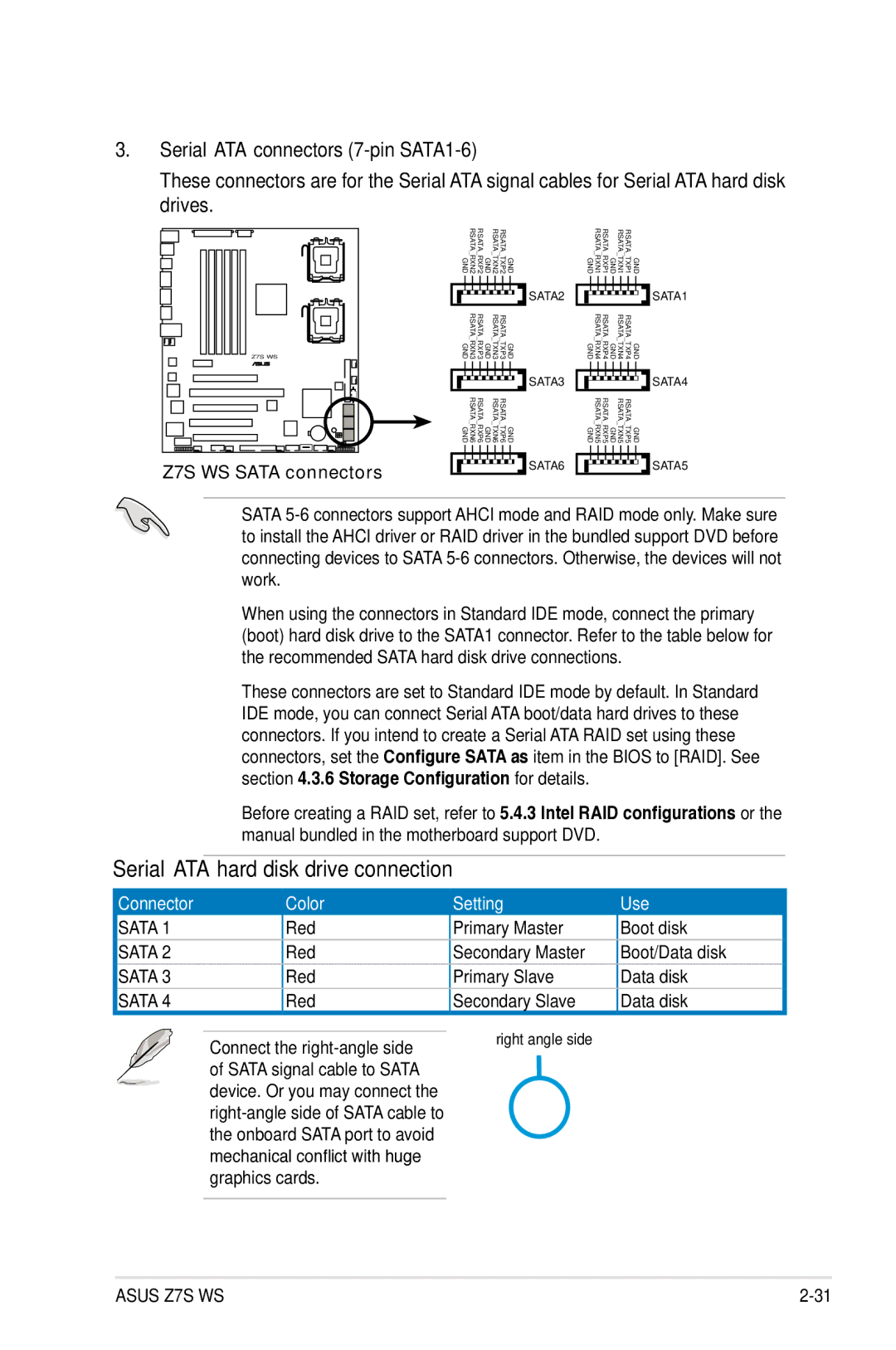 Asus Z7S WS manual Serial ATA hard disk drive connection, Serial ATA connectors 7-pin SATA1-6 