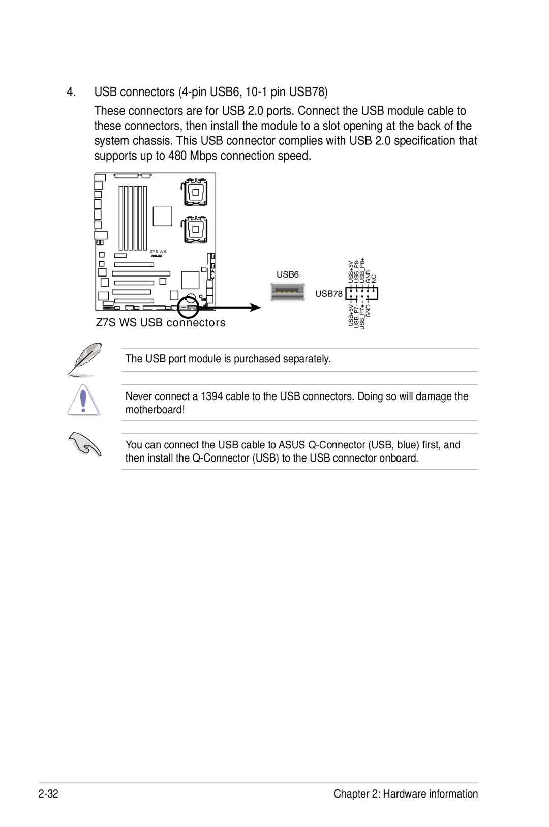 Asus manual USB connectors 4-pin USB6, 10-1 pin USB78, Z7S WS USB connectors 