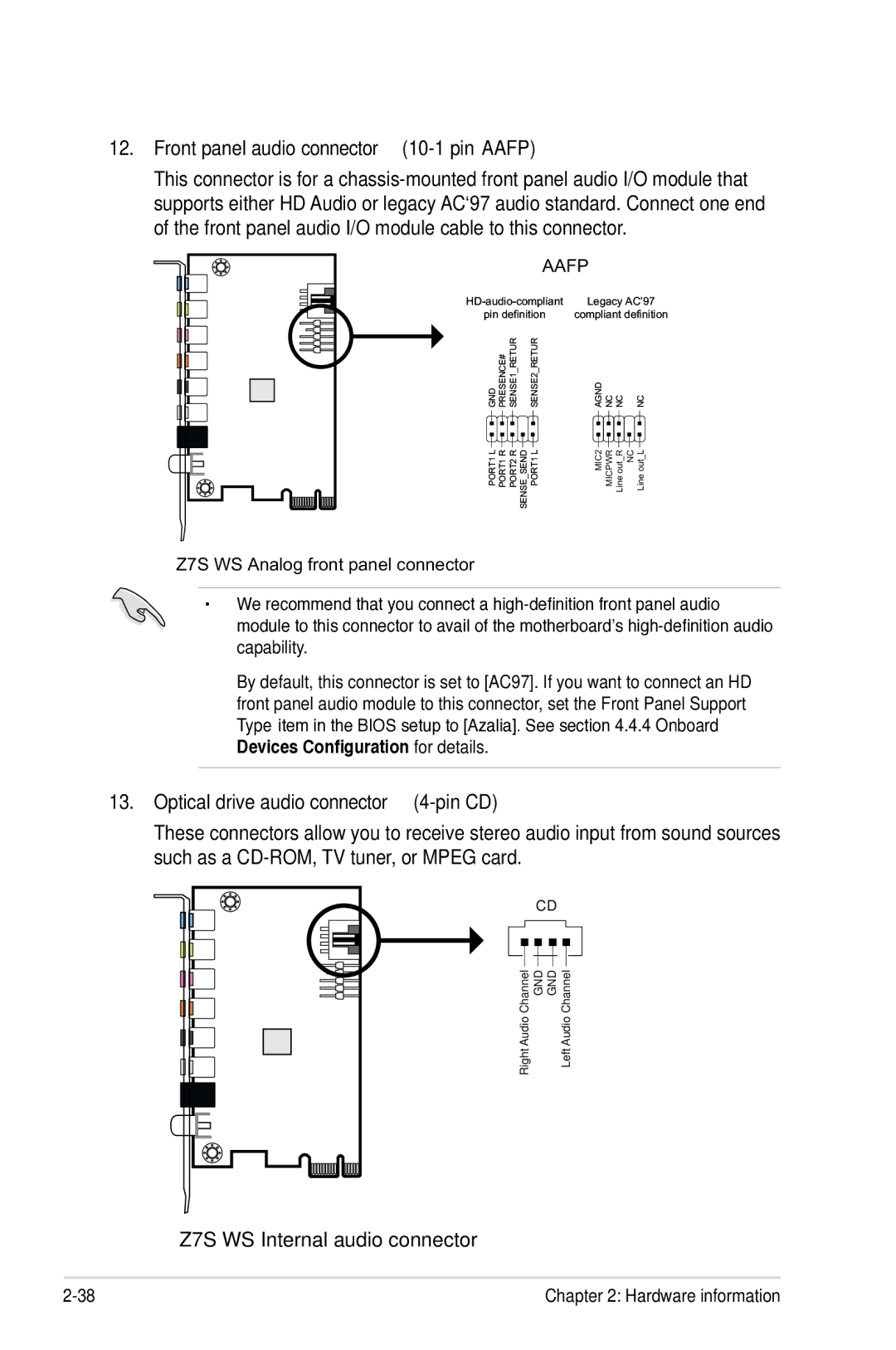 Asus Z7S WS manual Front panel audio connector 10-1 pin Aafp, Optical drive audio connector 4-pin CD 