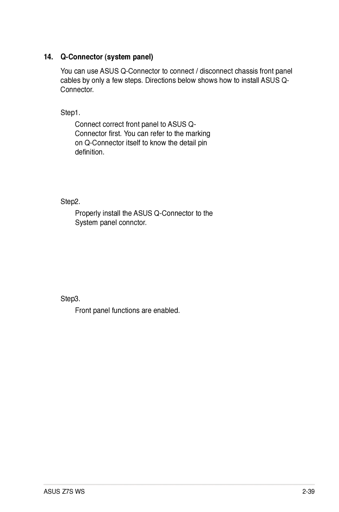 Asus Z7S WS manual Connector system panel 