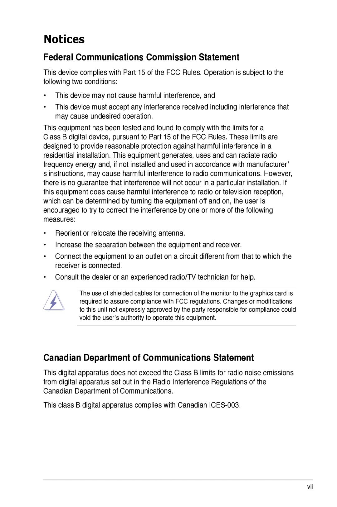 Asus Z7S WS manual Federal Communications Commission Statement, Canadian Department of Communications Statement 