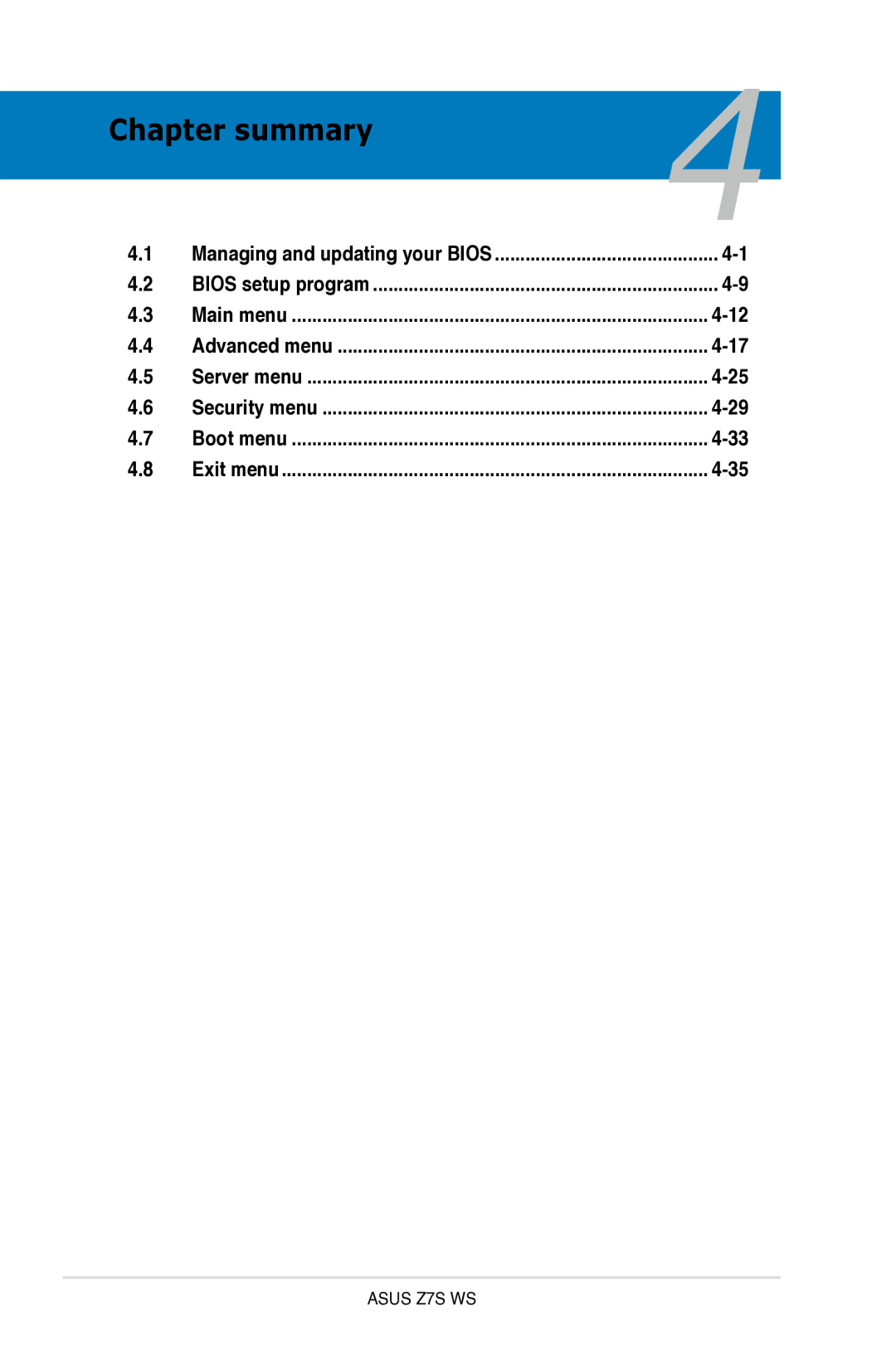 Asus Z7S WS manual Chapter summary 