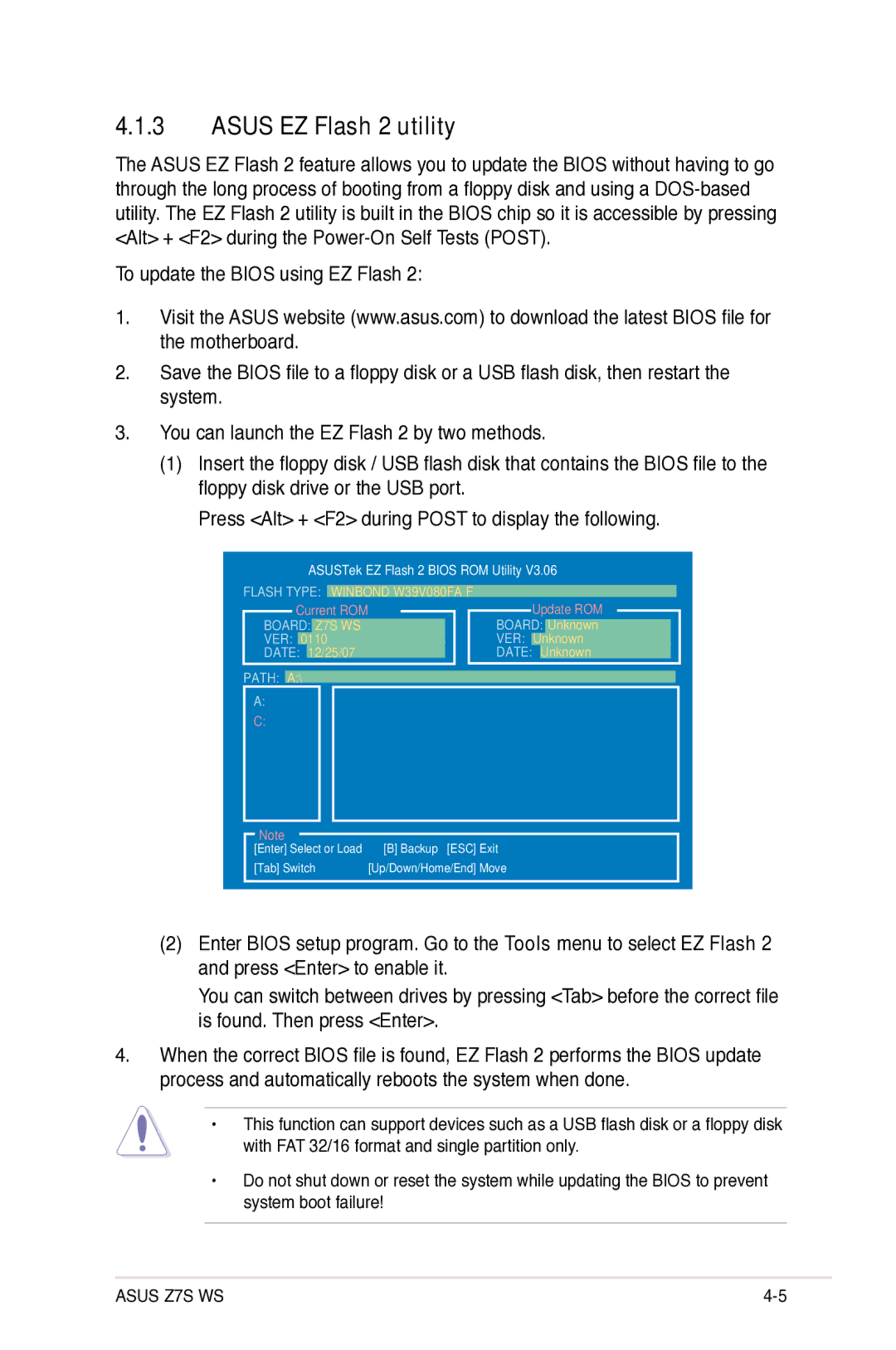 Asus Z7S WS manual Asus EZ Flash 2 utility 