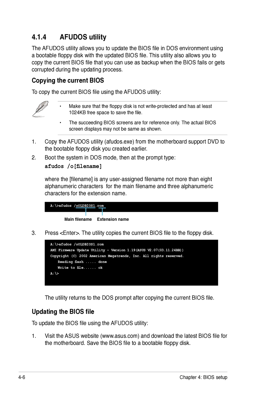 Asus Z7S WS manual Afudos utility, Copying the current Bios, Updating the Bios file 