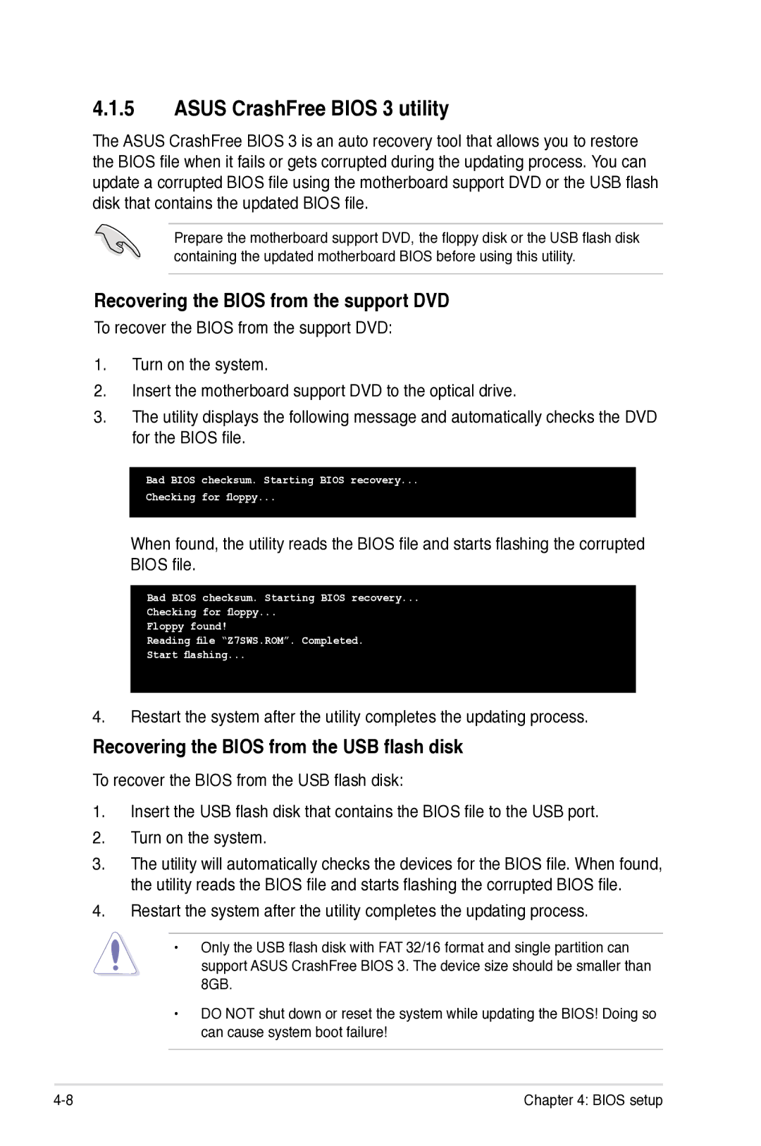 Asus Z7S WS manual Asus CrashFree Bios 3 utility, Recovering the Bios from the support DVD 