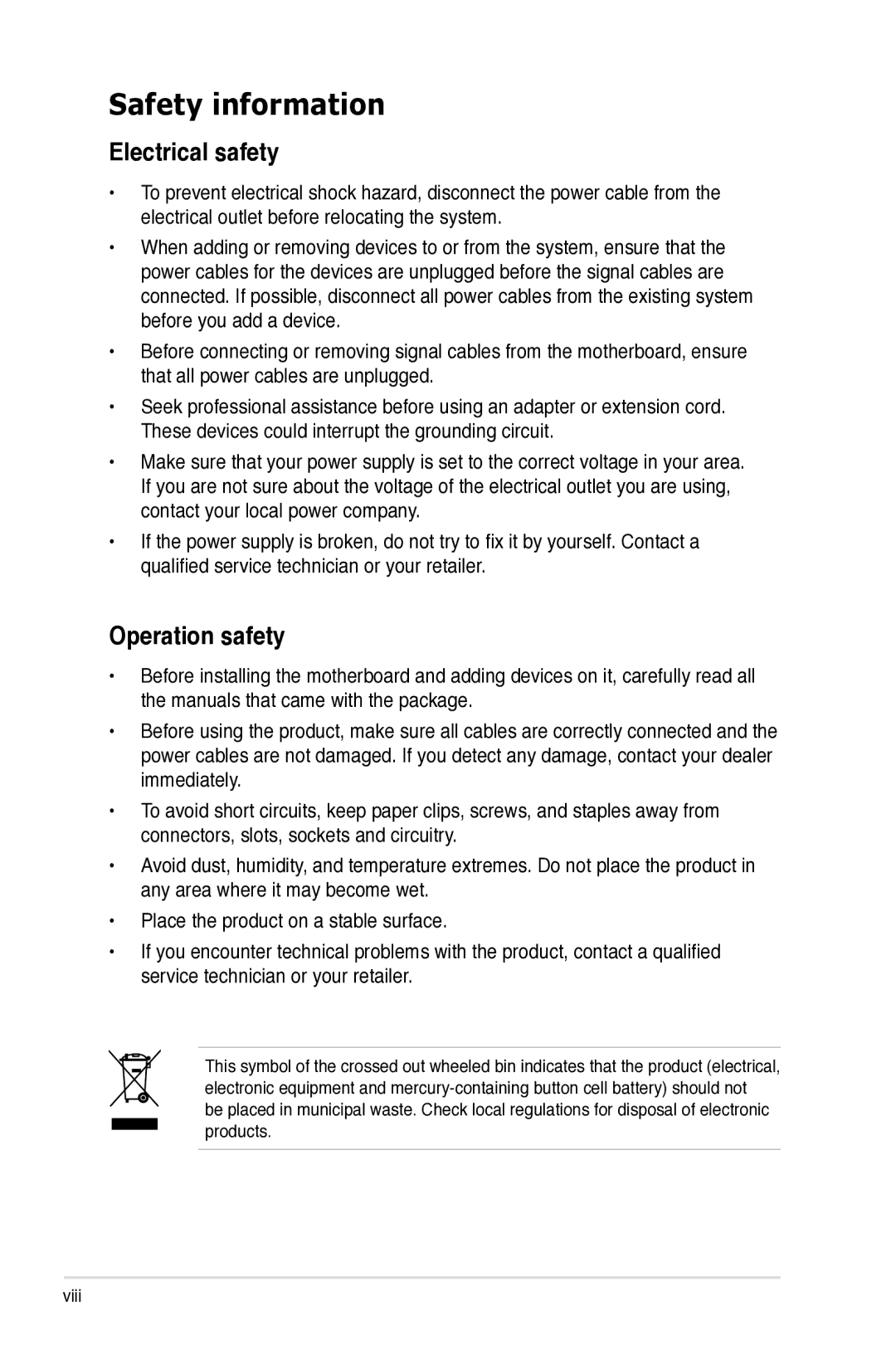 Asus Z7S WS manual Safety information, Electrical safety, Operation safety 