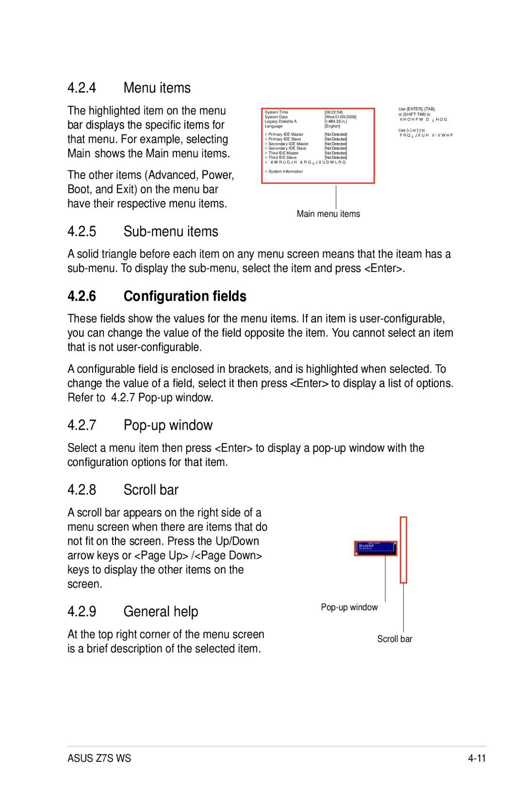 Asus Z7S WS manual Menu items, Sub-menu items, Configuration fields, Pop-up window, Scroll bar, General help 