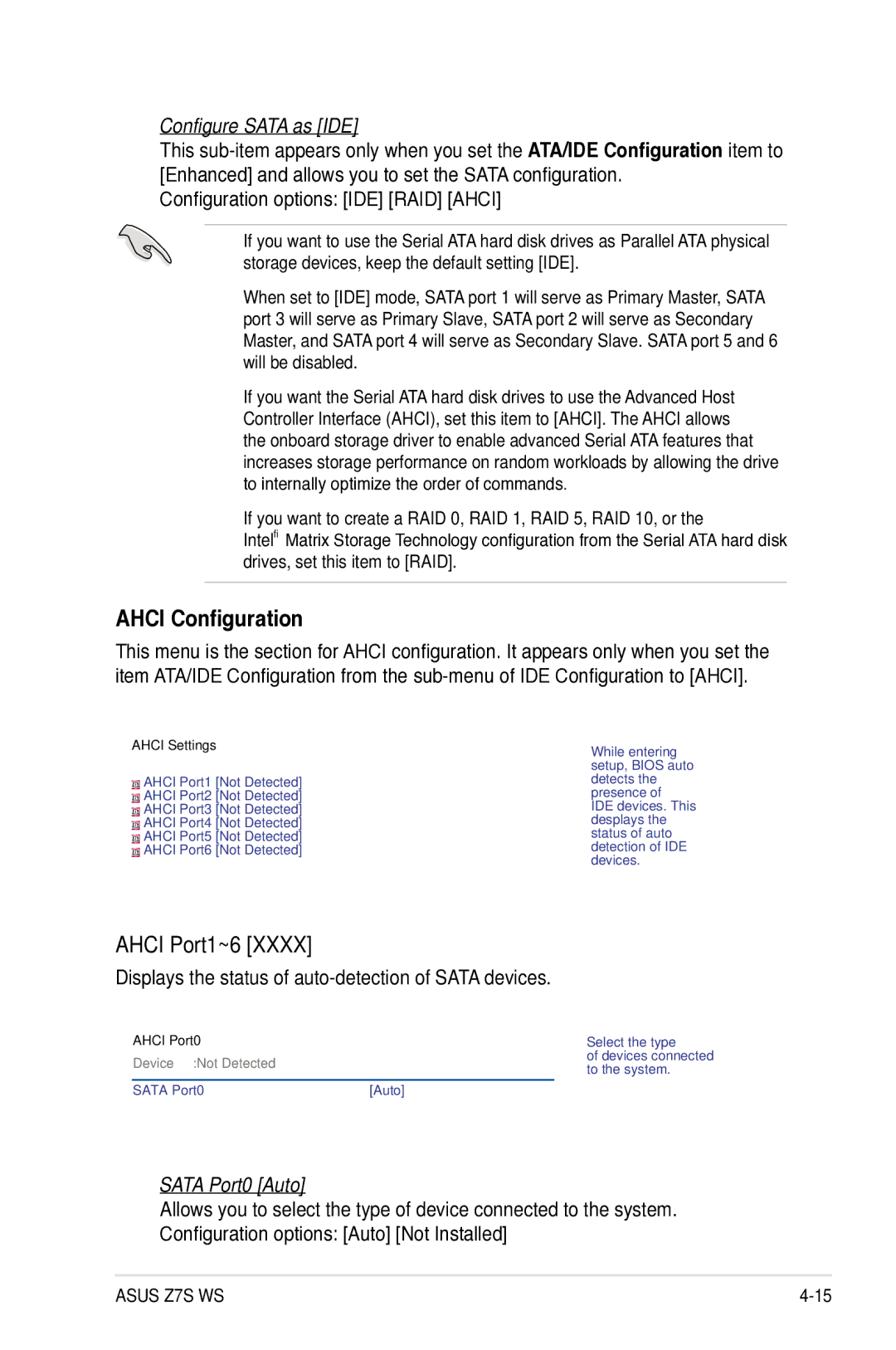 Asus Z7S WS Ahci Configuration, Ahci Port1~6, Configure Sata as IDE, Displays the status of auto-detection of Sata devices 