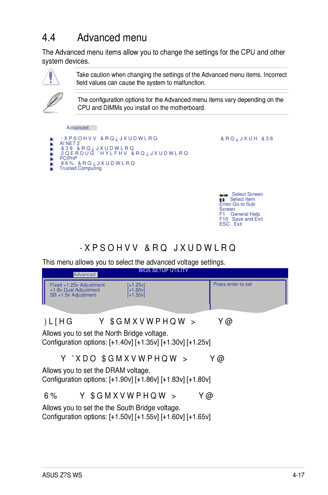Asus Z7S WS manual Advanced menu, Jumpless Configuration, Fixed +1.25v Adjustment +1.25v, +1.8v Dual Adjustment +1.80v 