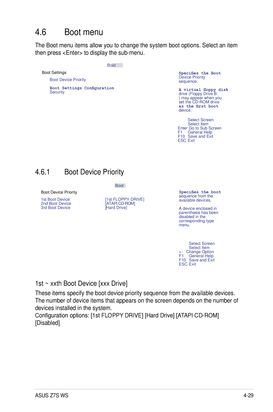 Asus Z7S WS manual Boot menu, Boot Device Priority, 1st ~ xxth Boot Device xxx Drive 