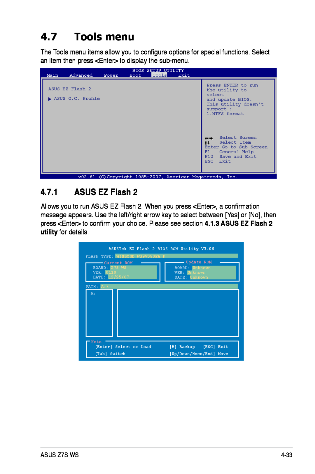 Asus Z7S WS manual Tools menu, ASUS EZ Flash 