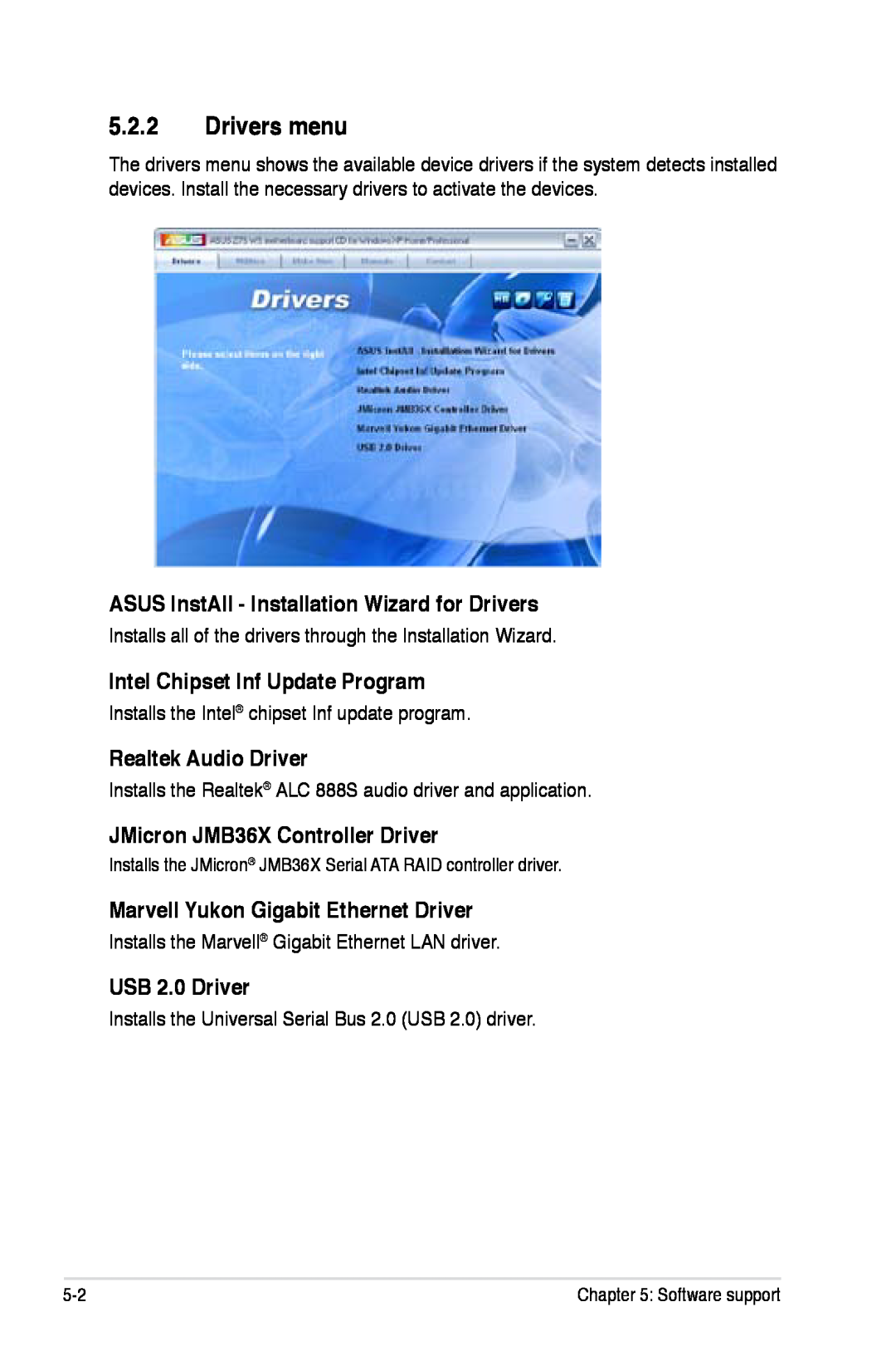 Asus Z7S WS Drivers menu, ASUS InstAll - Installation Wizard for Drivers, Intel Chipset Inf Update Program, USB 2.0 Driver 