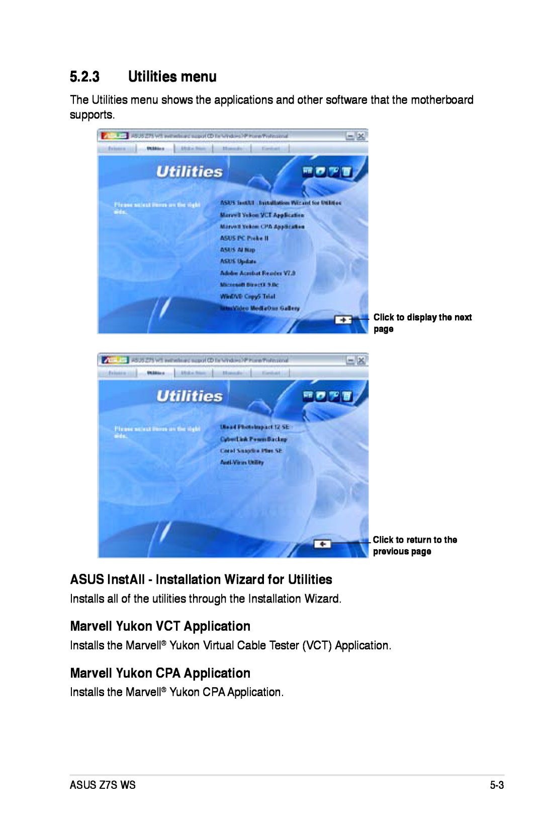 Asus Z7S WS manual Utilities menu, ASUS InstAll - Installation Wizard for Utilities, Marvell Yukon VCT Application 
