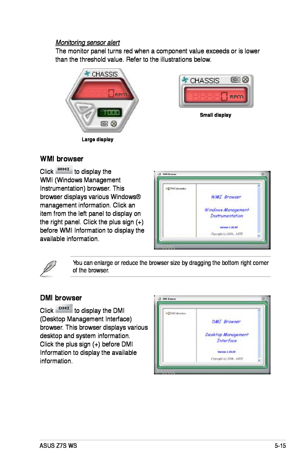 Asus Z7S WS manual WMI browser, DMI browser, Monitoring sensor alert 