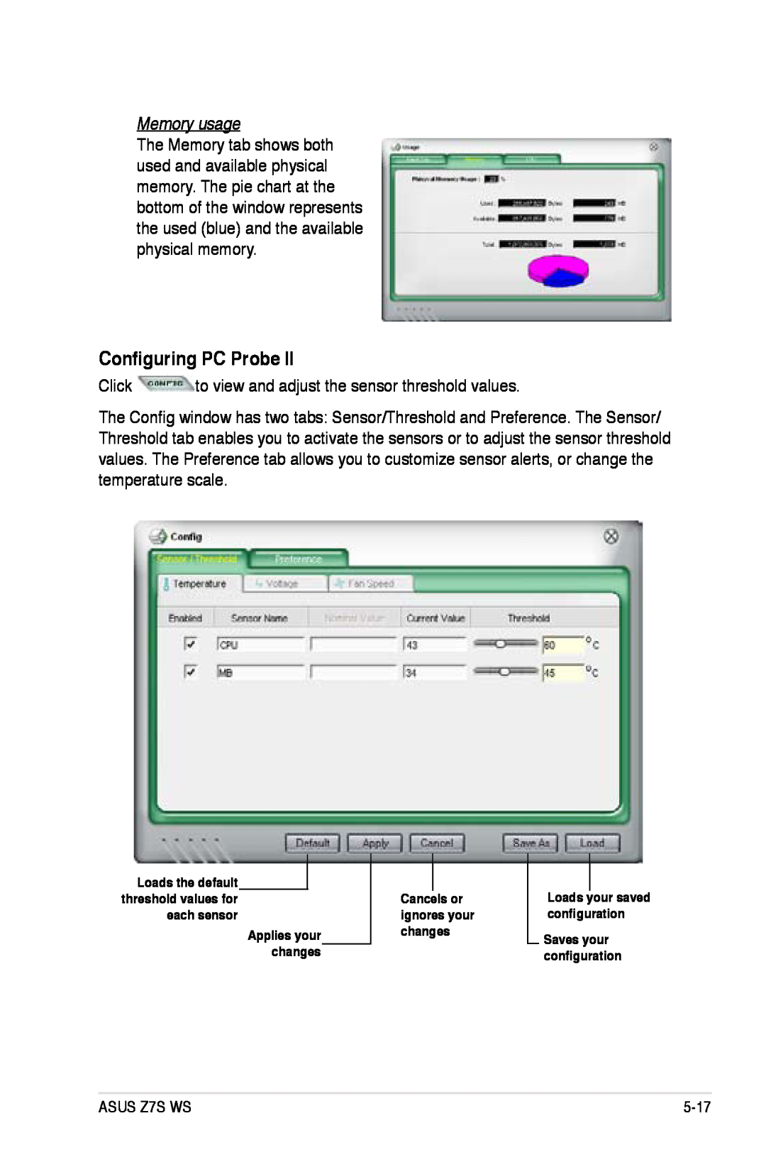 Asus Z7S WS manual Configuring PC Probe, Memory usage 