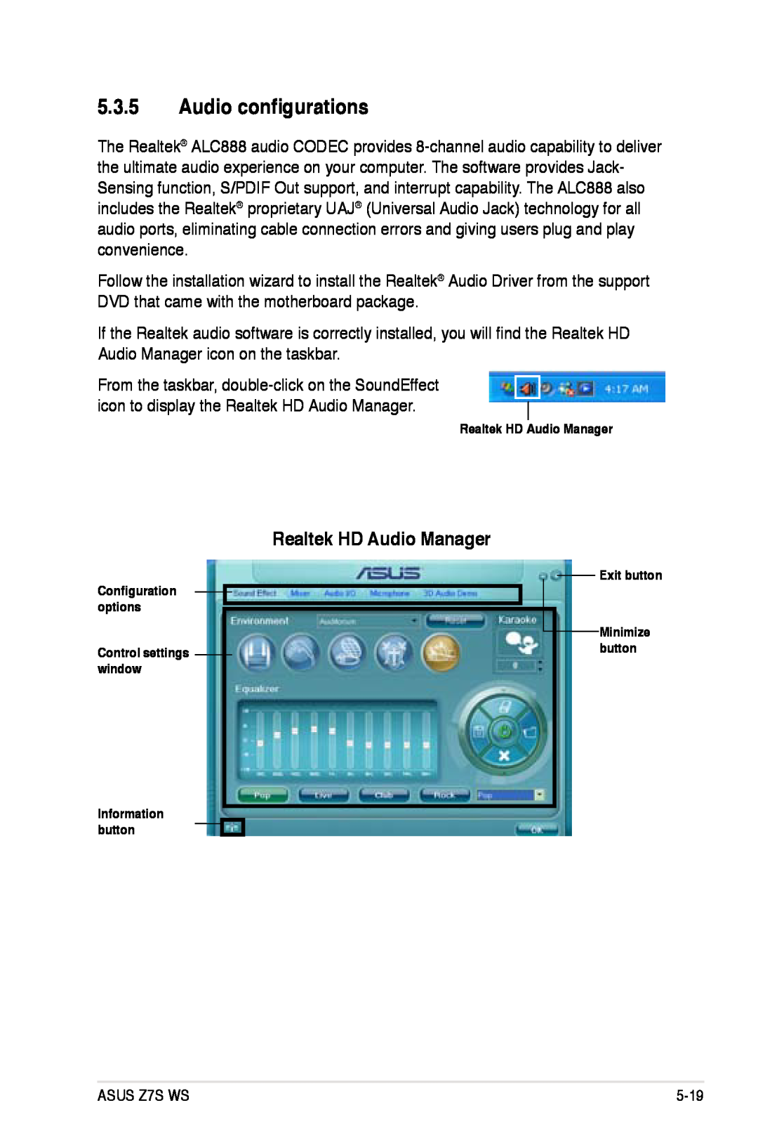 Asus Z7S WS manual Audio configurations, Realtek HD Audio Manager 