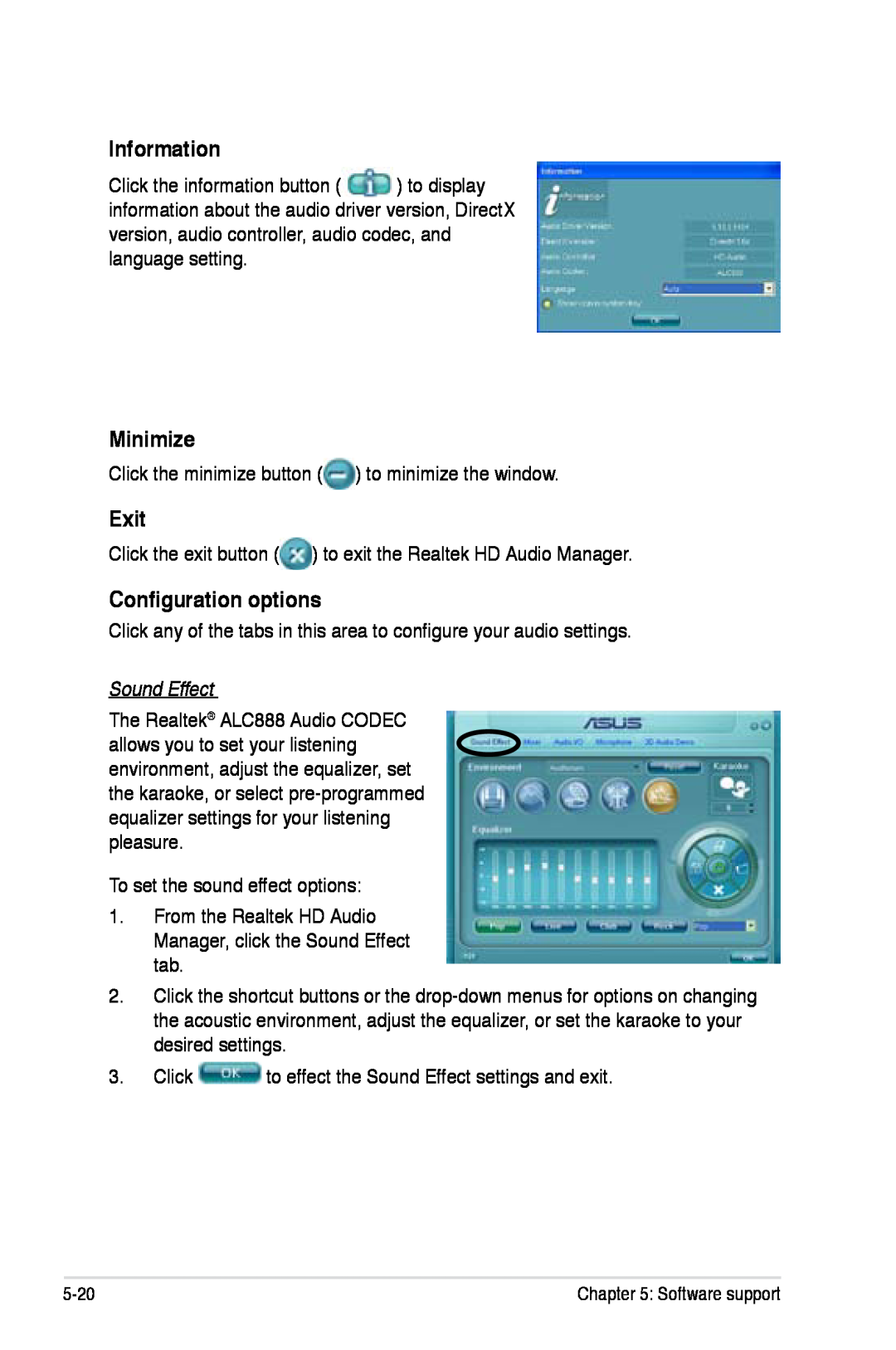 Asus Z7S WS manual Information, Minimize, Exit, Configuration options, Sound Effect 