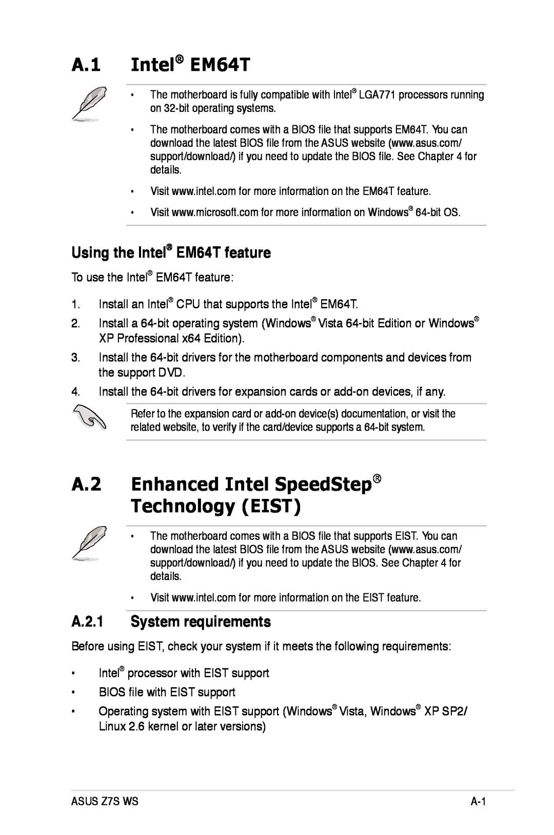Asus Z7S WS manual A.1 Intel EM64T, A.2 Enhanced Intel SpeedStep Technology EIST, Using the Intel EM64T feature 