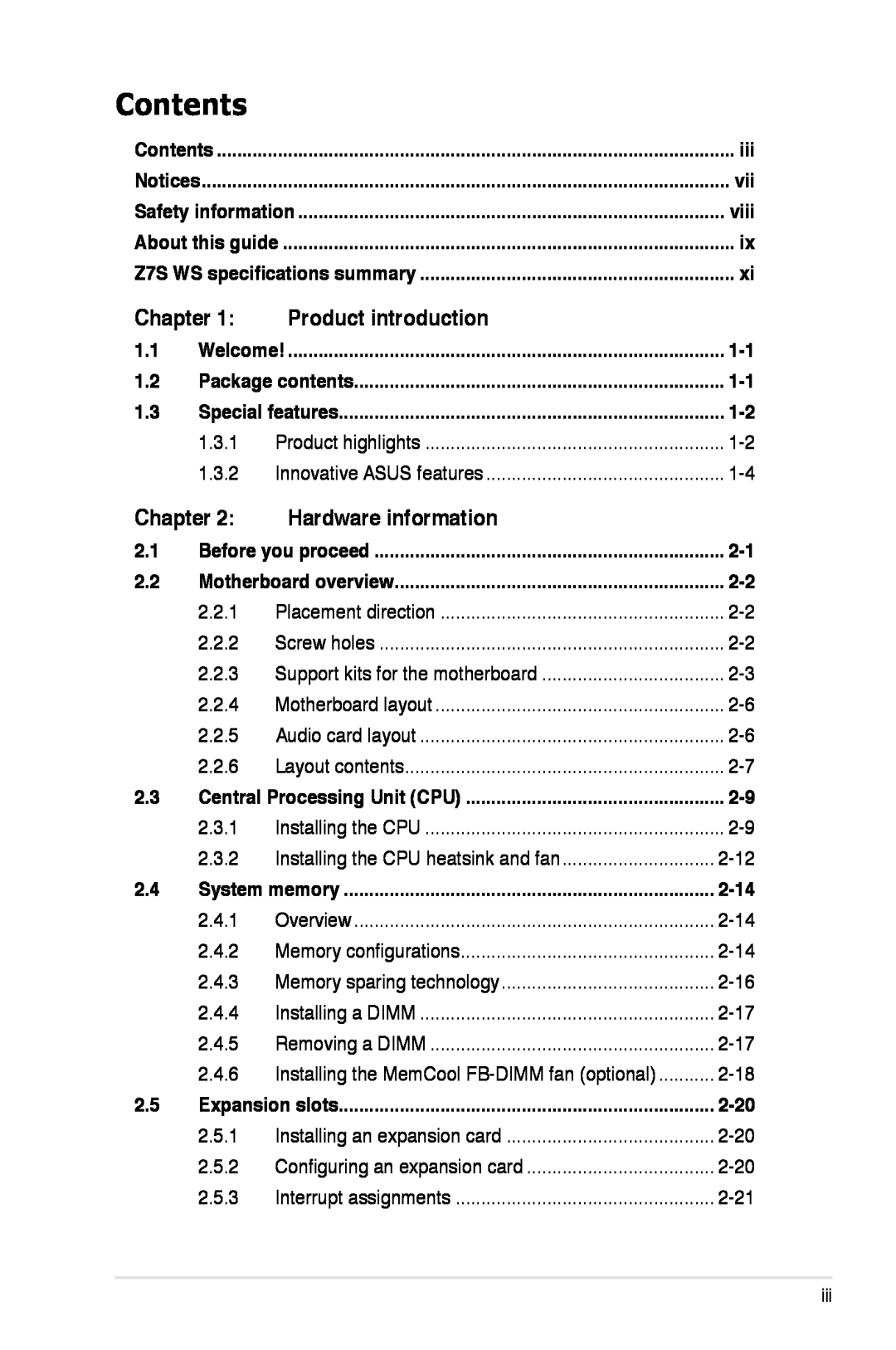 Asus Z7S WS manual Contents, Chapter, Product introduction, Hardware information, viii, 1.3.1, 1.3.2 